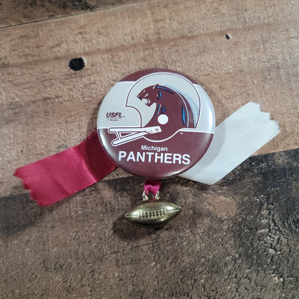 Vintage 1980's Michigan Panthers Pinback Ribbon and Football Charm USFL